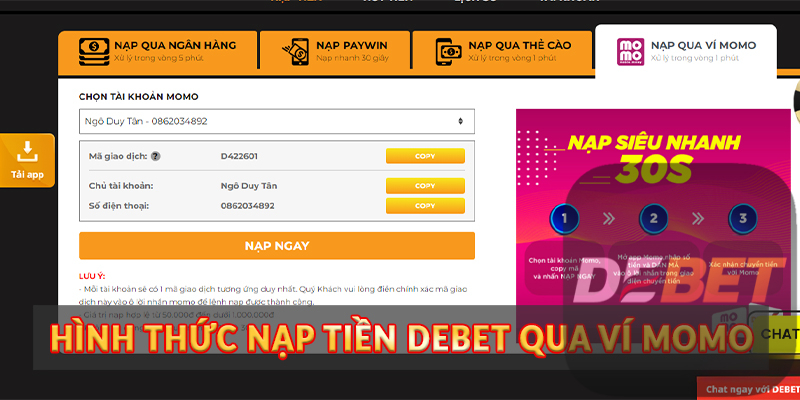 Hình thức nạp tiền Debet qua ví Momo